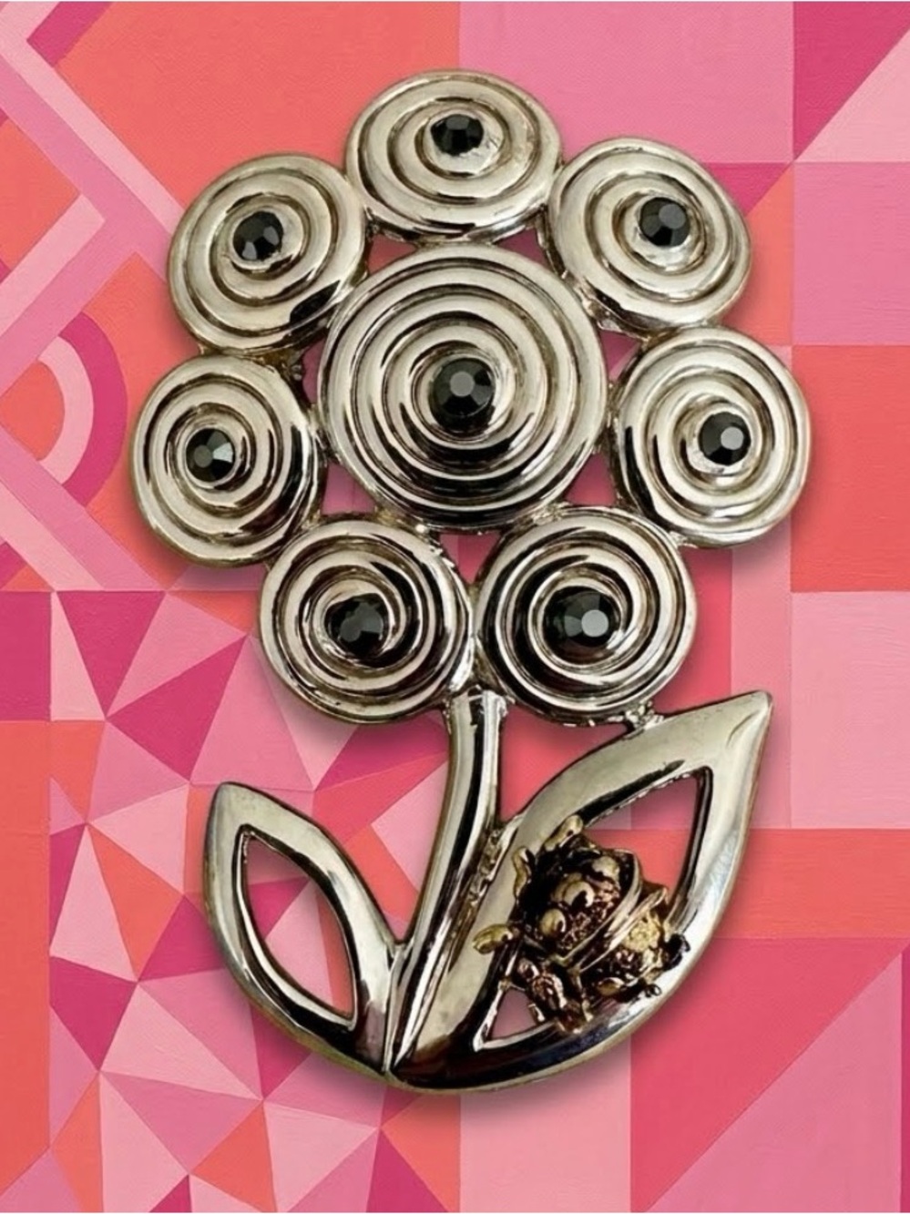 Vintage Danecraft Signed Flower Ladybug Brooch Pin Silver Gold Tone EXCELLENT